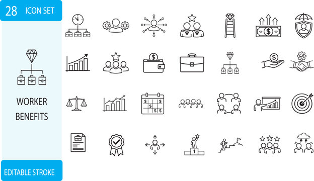 Worker benefits outline icon set with editable stroke for HR, insurance, pension, and employee perks.