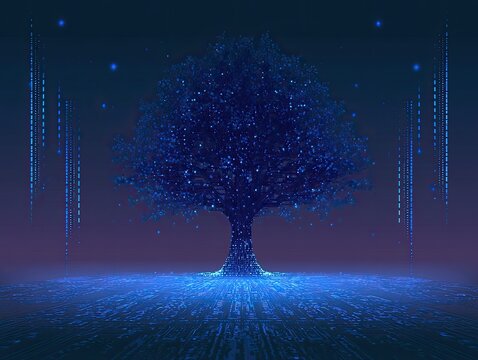 Digital tree of light with glowing roots and binary streams in dark background