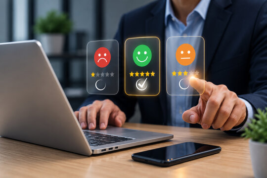 Service experience rating through the online application of the businessman. concept of customer satisfaction survey. customer can assess the quality of the service, business reputation rating.