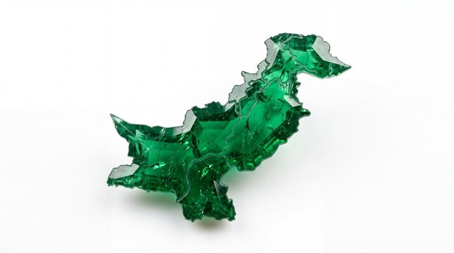 Emerald green crystal map of Pakistan, translucent gemstone silhouette on white background, luxury mineral glass sculpture of national borders