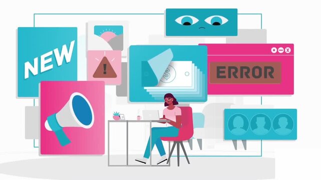 Information Overload Digital Pop Up Ads Error Notifications Concept 2D Vector Animation