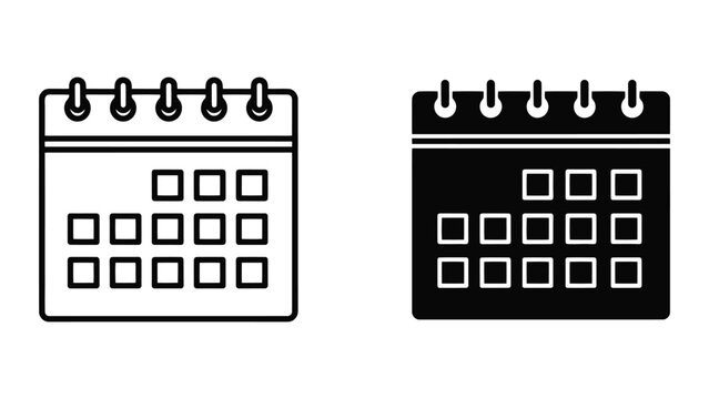 Minimalist Calendar Icon Set Featuring Outline and Solid Black Vector Illustrations for Scheduling
