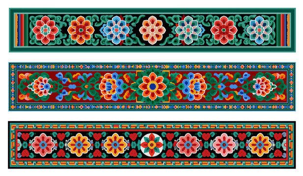 Premium Korean traditional dancheong and floral seamless border pattern set