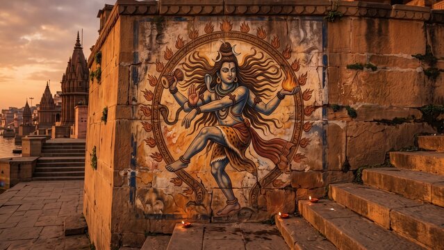 Historic Varanasi Ghat Wall Featuring Lord Shiva Tandava
