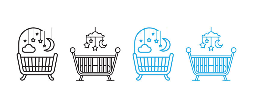 Baby Cradle Icon Set with Hanging Mobile, Newborn Bassinet, Nursery Bed and Infant Sleep Outline Vector Illustration.