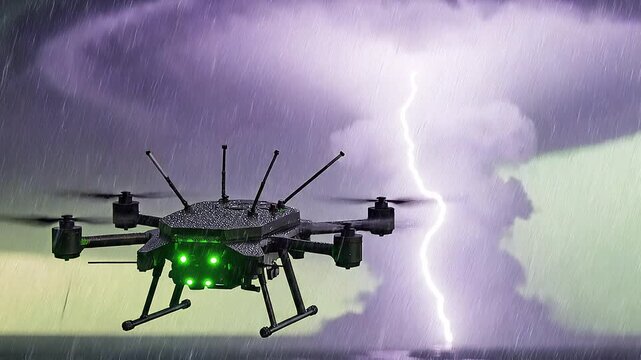 A storm-chaser drone braves a torrential downpour, its green lights piercing the gloom. A massive supercell looms as a bright bolt of lightning cracks across the sky. Meteorology technology concept