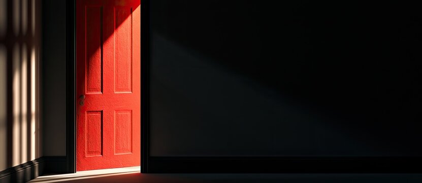An open red door casts shadows and light onto a dark wall