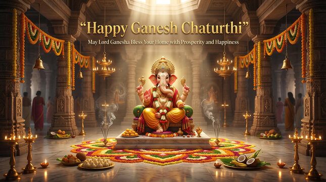 Vibrant temple celebration of divine blessings with colorful ritual decorations with featuring central divine figure seated ornate throne surrounded vibrant floral patterns