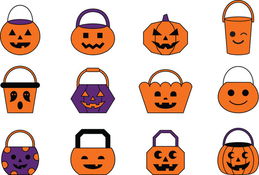 Halloween pumpkin buckets and jack o lanterns with different
