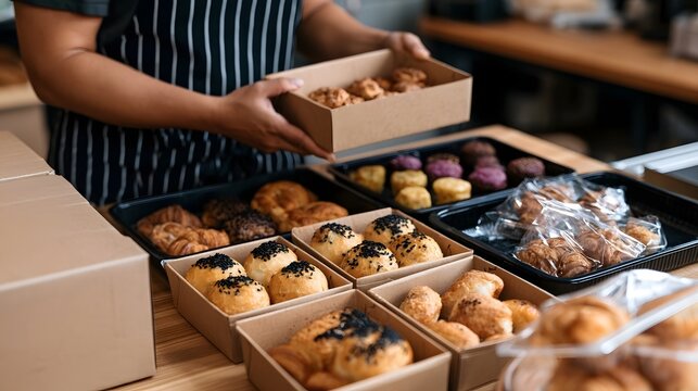 A person packing assorted pastries into cardboard boxes on a wooden counter in a bakery setting