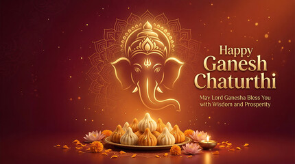 Illuminated ganesh chaturthi celebration with sacred offerings with showcases radiant digital illustration revered deity head adorned intricate patterns