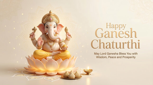 Celebratory digital illustration of divine elephant deity seated on lotus with offerings with evoking serene sacred festival ambiance seated gracefully blooming