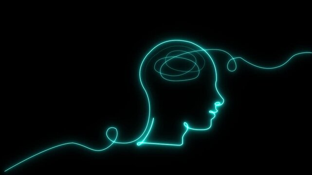 Neon human head outline with glowing sine brain line animation on black background thinking intelligence concept abstract psychology design 4k visuals