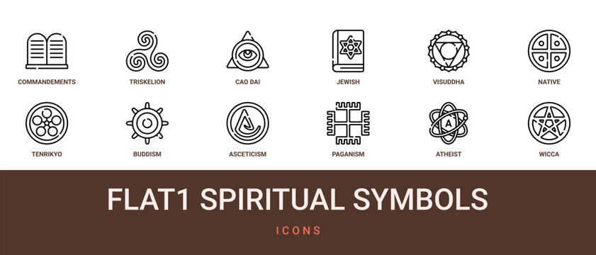 Set of 12 outline web Flat1 Spiritual Symbols icons such as wicca, atheist, paganism, asceticism, buddism, tenrikyo, native vector icons for report, presentation, diagram, web design, mobile app