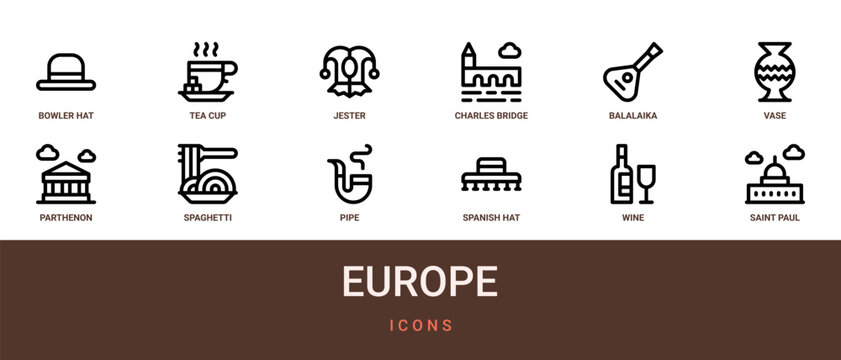 Set of 12 outline web Europe icons such as saint paul cathedral, wine, spanish hat, pipe, spaghetti, parthenon, vase vector icons for report, presentation, diagram, web design, mobile app