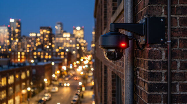 Security surveillance camera mounted on a brick wall overlooking a blurred city generated using ai
