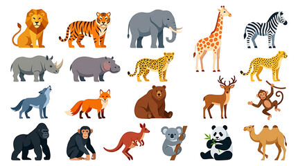 Obraz premium Wild animals collection flat illustration set with cute safari and zoo creatures including lion, tiger, elephant, giraffe, panda and koala