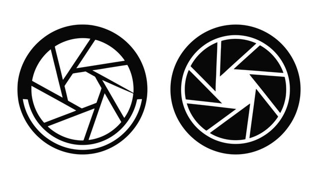 Black and white camera shutter aperture icons representing photography lens settings in flat style