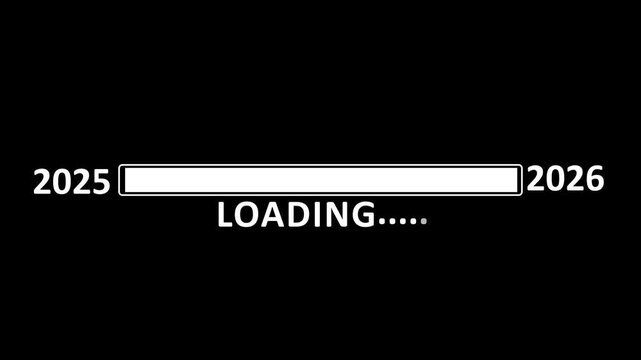 New year 2026 loading bar animation Year changing from 2025 to 2026. Loading bar from 2025 to 2026 new year transfer animation. Almost reaching New Year on black background