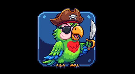 Pirate Parrot Wearing Hat Sword and Eye Patch Cartoon Illustration