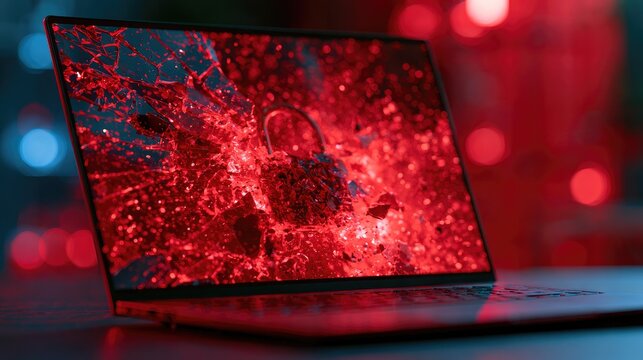 Shattered screen laptop displays red lock symbol; digital threat