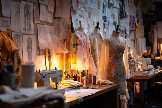 Close-up of a fashion designer's workspace with sewing machines, colorful thread spools, and fabric samples in a creative atelier studio