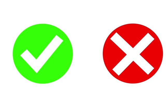 Animated pop-up green check mark and red cross X symbol on transparent background. A checkmark in and out motion graphics animation. Video footage of yes or no, true or false with alpha channel