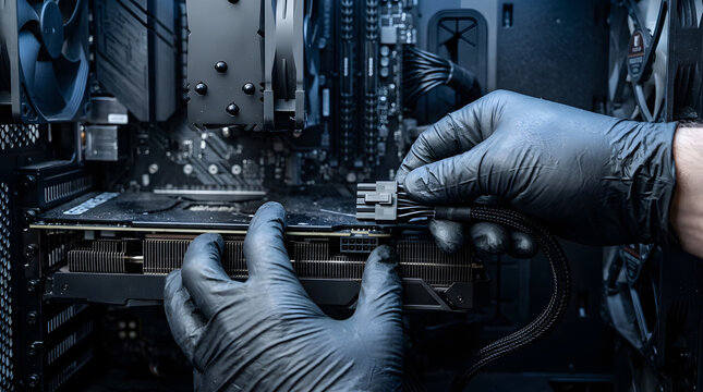 PC Builder Connecting PCIe Power Cable to Graphics Card Inside Computer Case