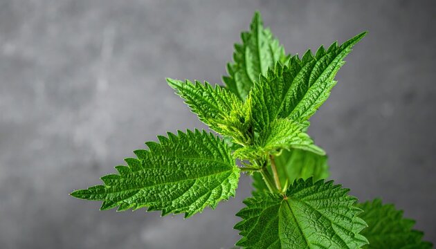Green stinging nettles on grey background, close up, herbal plant concept