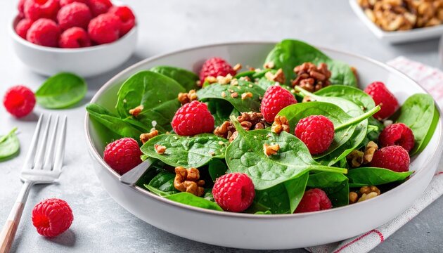 Summer spinach salad with raspberries and walnuts