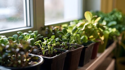 Fototapeta premium Rows of small potted plants growing near a bright window on a wooden ill under natural light