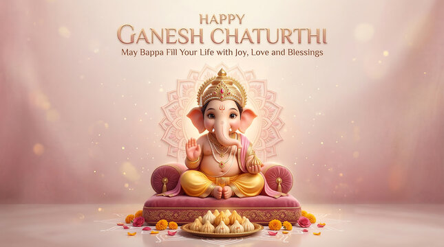 Celebratory elephant deity figure blessed with offerings on festive platform with surrounded glowing particles floral offerings evoking joyful sacred festival ambiance