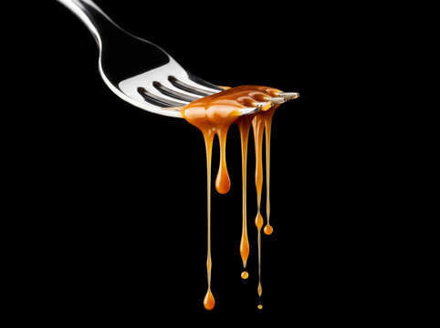 Golden amber caramel dripping from silver fork tines against a black background, perfect for premium dessert and culinary advertising.