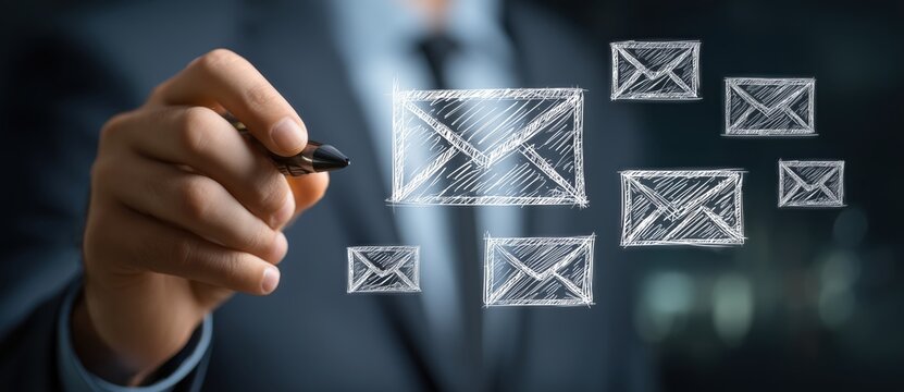 Businessman hand-drawing different envelope icons on a blurred background, a concept of email marketing and digital communication.