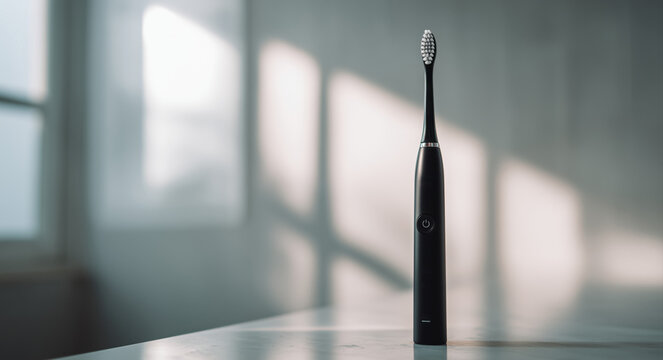 A black electric toothbrush sits on a table in a bathroom, with a white wall in the background.