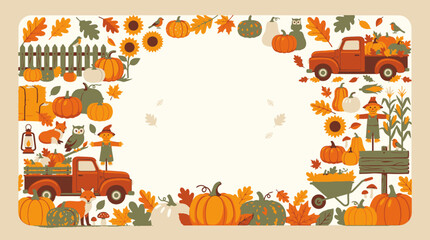 Fototapeta premium Autumn harvest frame with pumpkins and red truck.