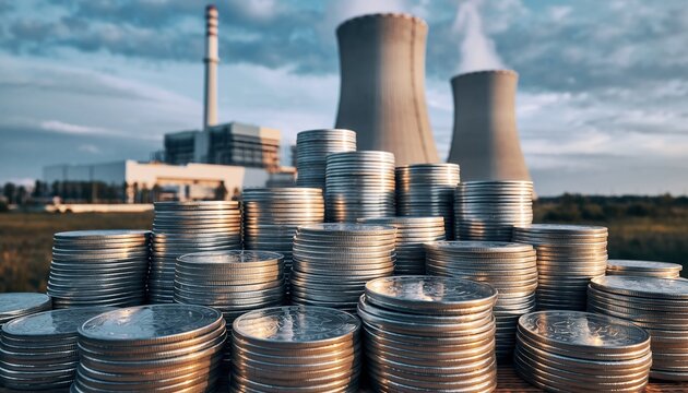Numerous stacks of silver coins in the foreground with two massive cooling towers of a power plant in the background under a cloudy sky
