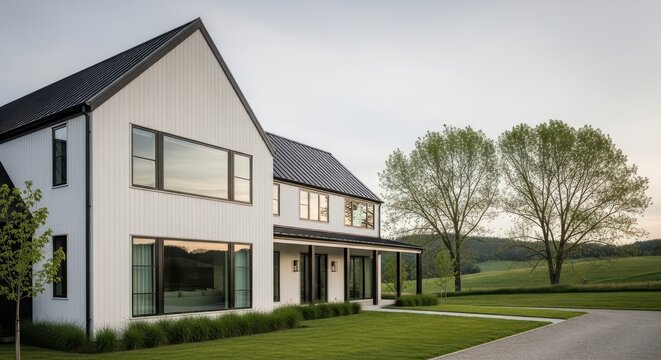 Contemporary architectural marvel a striking white brick residence with expansive glass elements bathed in soft natural daylight showcasing serene rural landscape modern home design luxurious living e