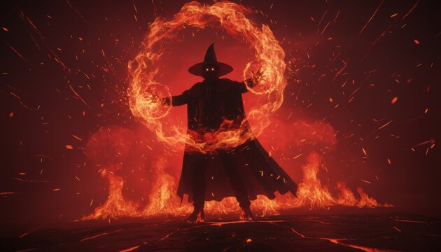 Dark fantasy figure wearing a cape and pointed hat is silhouetted against a dramatic background of red and orange flames and fire rings