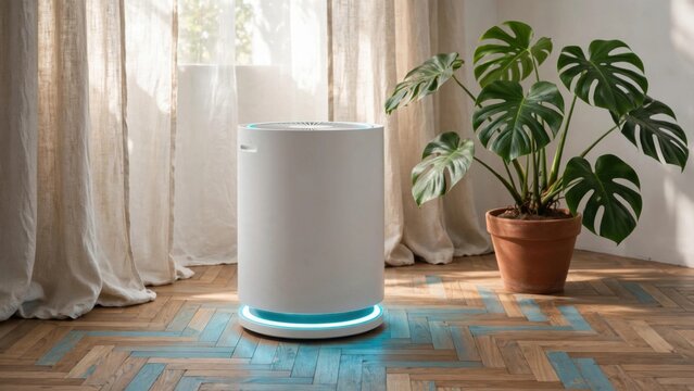 Modern Air Purifier with Blue Light in a Bright Room.