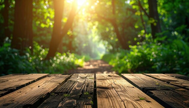 Rustic wooden tabletop against blurred forest background