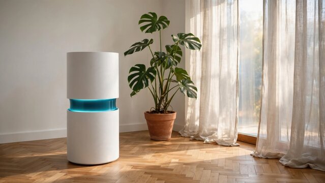 Modern Air Purifier Enhancing Home Environment with Natural Light and Greenery.