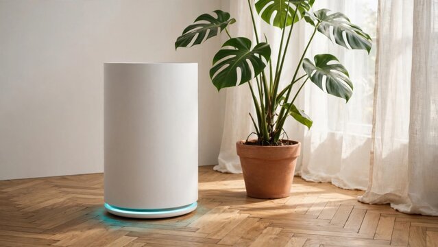 Modern White Air Purifier with Green Plant in Sunny Room.