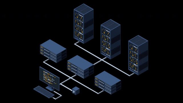 3D isometric monitoring big data storage animation. Data transmission technology. Online hosting technology concept. Isometric technology. Transparent background with alpha channel