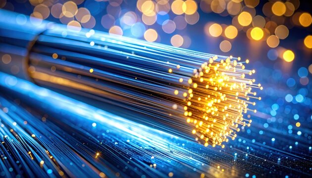 Close up shot of glowing blue and yellow fiber optic cables transmitting data with bokeh light background