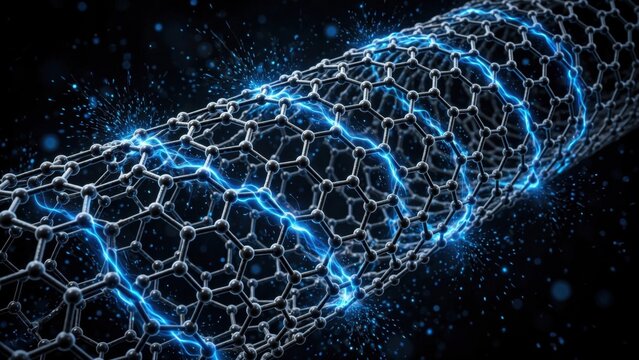 Abstract Nanotube Structure with Glowing Blue Energy Flow.