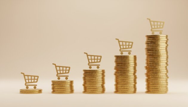 Increasing stacks of golden coins with shopping cart icons on top showing consumer spending and financial trend