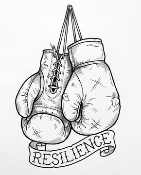 Detailed ink drawing of a worn pair of boxing gloves hanging from a cord above a decorative banner reading Resilience.