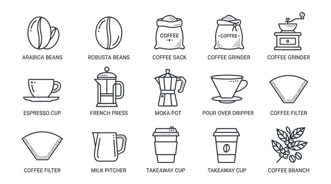 Collection of coffee and tea icons in line art style.