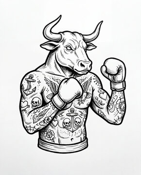 Black and white illustration of an anthropomorphic bull with a muscular human body covered in traditional tattoos, wearing boxing gloves in a fighting stance.